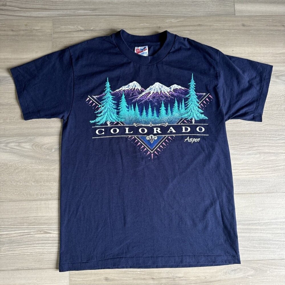 Vintage Aspen Colorado Ski T Shirt Sz Med SS Hanes‎ 50/50 Made in USA Navy Blue